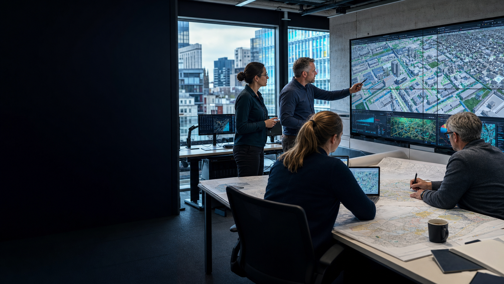 Digital twin engineers reviewing an urban GIS model and infrastructure plans.